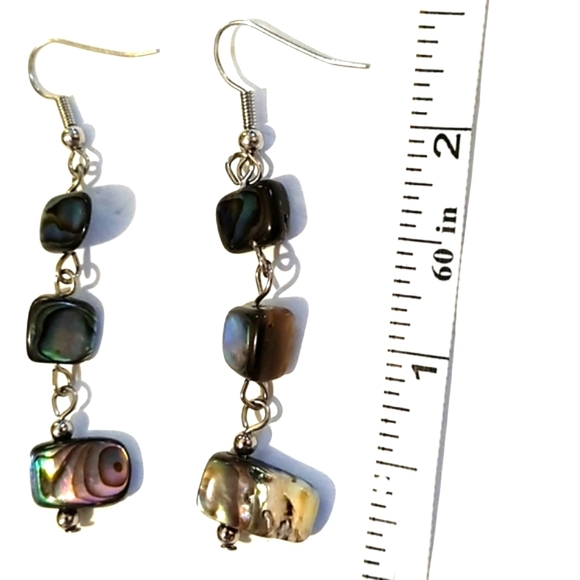 VINTAGE TRIPLE SQUARE RAINBOW ABALONE SHELL DANGLE DROP HOOK 2.5" EARRINGS - Picture 3 of 10